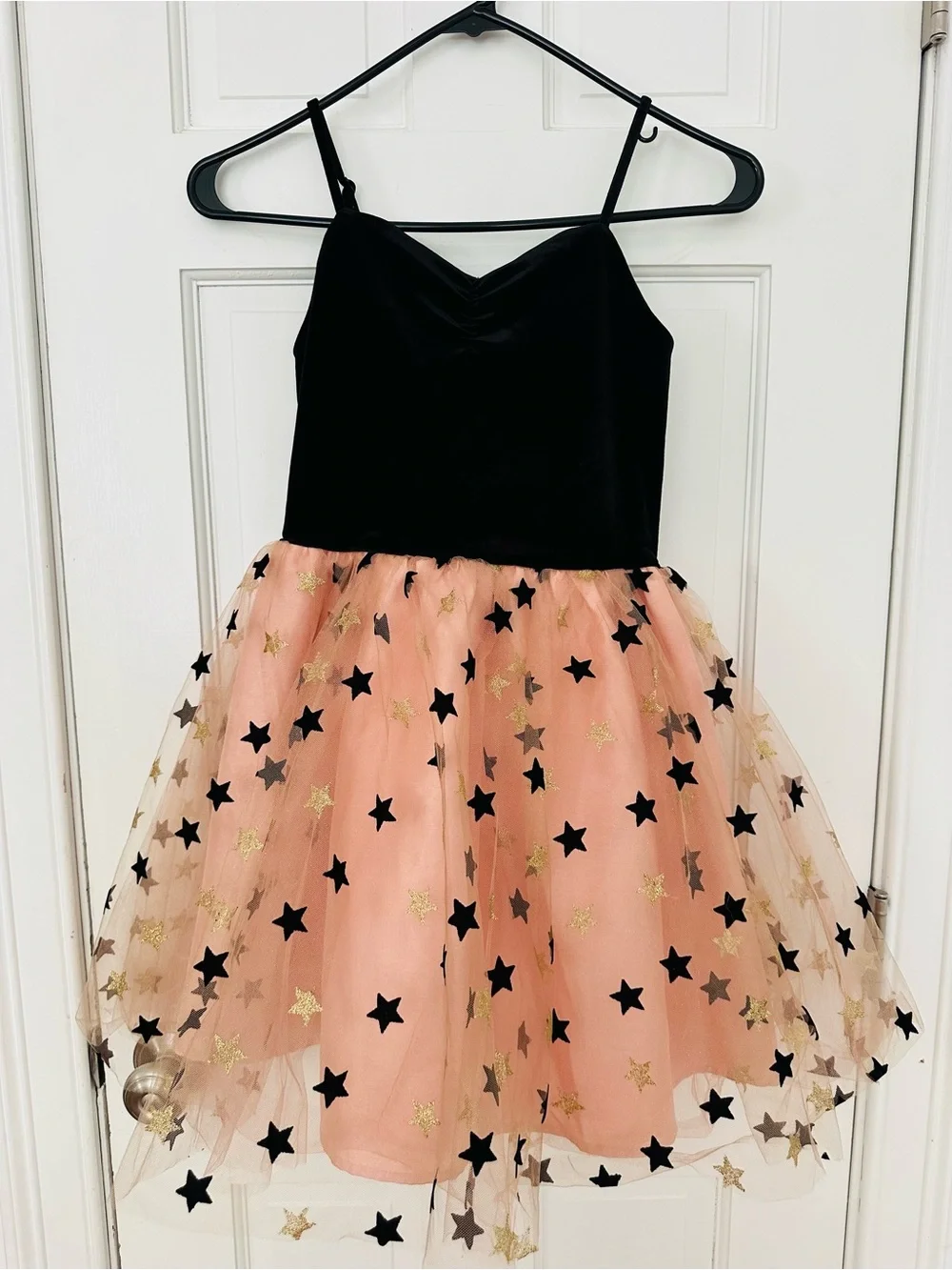 Zunie Black Velvet Bodice with Peach Star Tulle Skirt Girls' Formal Dress